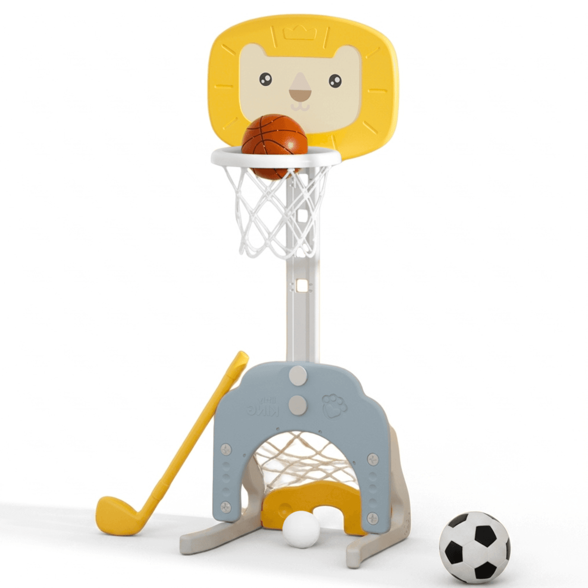 Panier de basket 3 en 1 jaune avec but et golf